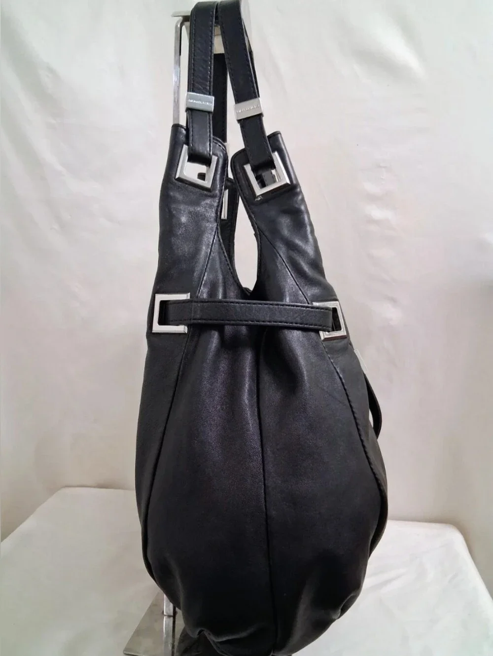 Michael Kors Smooth Black Leather Hobo Bag W/ Silver Hardware